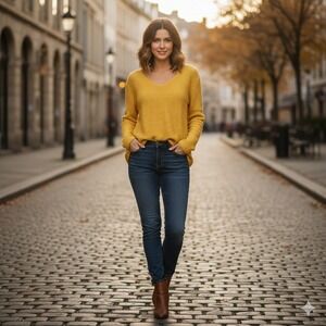 Eileen Fisher Yellow Textured Cotton V Neck Long Sleeve‎ Sweater Size S